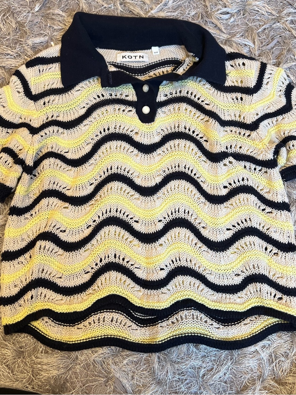 KOTN Blue Yellow & Cream Wavy Knit Polo